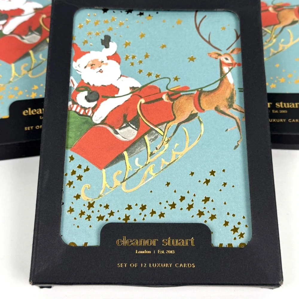 New Eleanor Stuart Blank Christmas Card Retro Santa Claus Reindeer Holiday Red